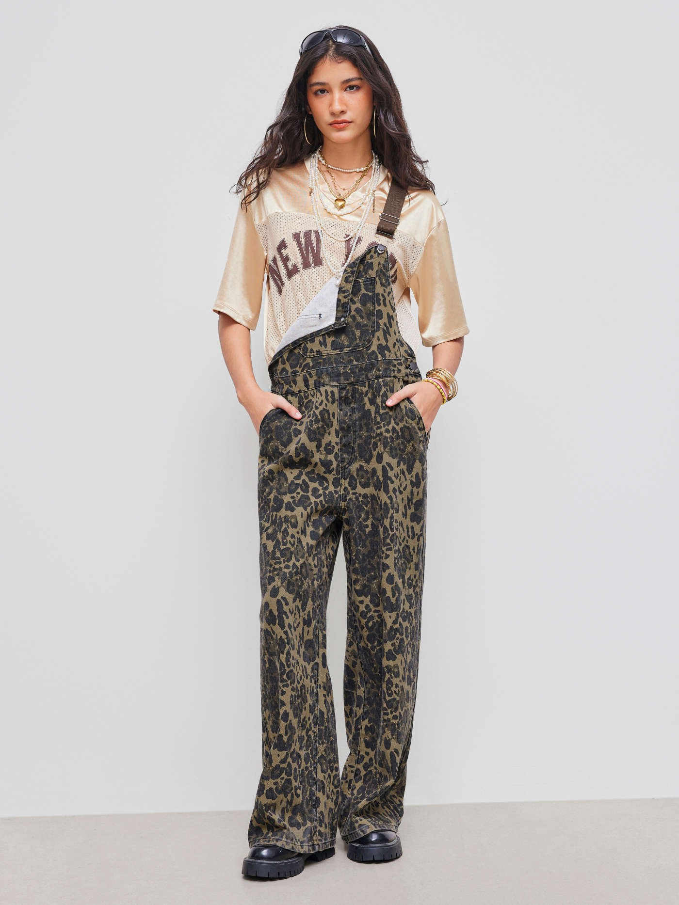 Denim Leopard Pocket Buckle Up Wide Leg Oversized Jumpsuit | Cider