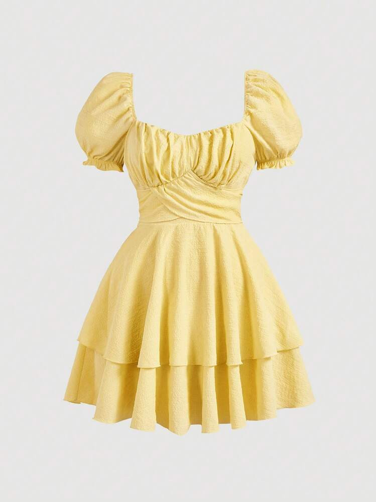 SHEIN MOD Plus Size Summer Solid Color Sweetheart Neck Bowknot Back Puff Sleeve Mini Dress, Yello... | SHEIN