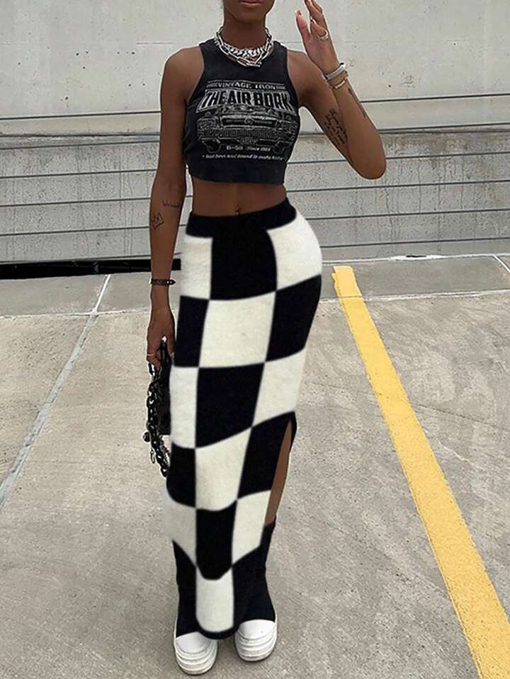 Summer Fall Black White Knitted High Waist Bodycon Maxi Skirt For Woman | SHEIN