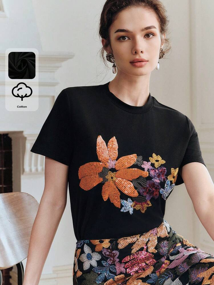 Anewsta 94% Cotton Elegant Women's T-Shirt, Minimalist Commuting Casual Short Sleeve Round Neck E... | SHEIN