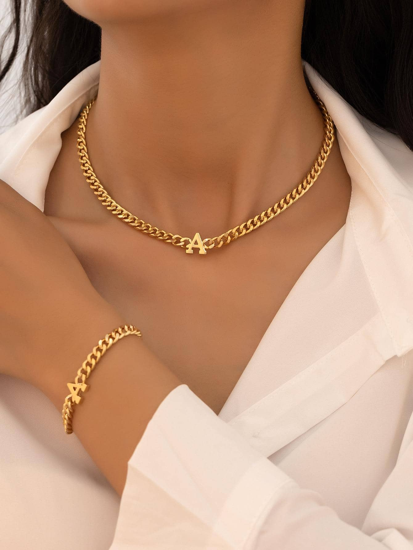 1set Fashion Zinc Alloy Letter Decor Chain Necklace & Chain Bracelet Jewelry Set For Women For Da... | SHEIN