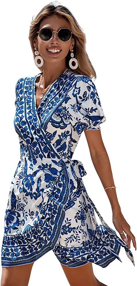 WDIRARA Women's Summer Casual Boho Floral Print Short Sleeve Wrap V Neck Ruffle Hem A Line Dress | Amazon (US)
