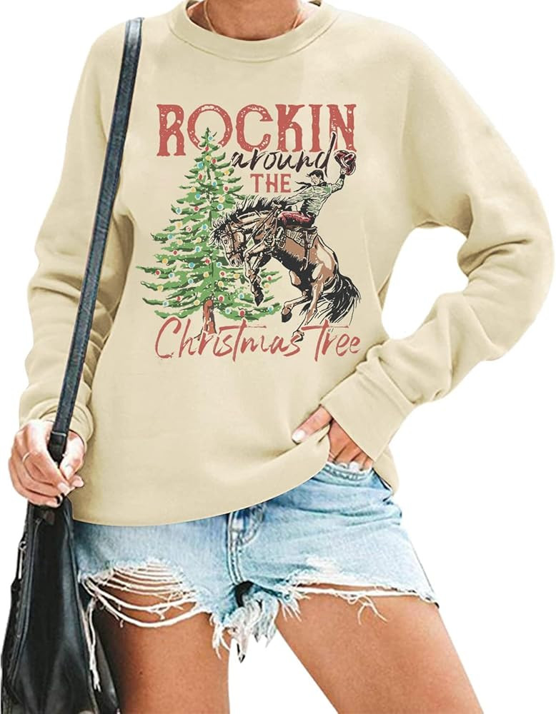 QIANRUO Rocking Around The Christmas Tree Sweatshirt Women Retro Christmas Western Cowboy Shirt C... | Amazon (US)