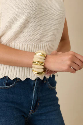 Gonna Let it Shine Ivory & Gold Sculptural Oblong Bead Stretch Statement Bracelet | Red Dress