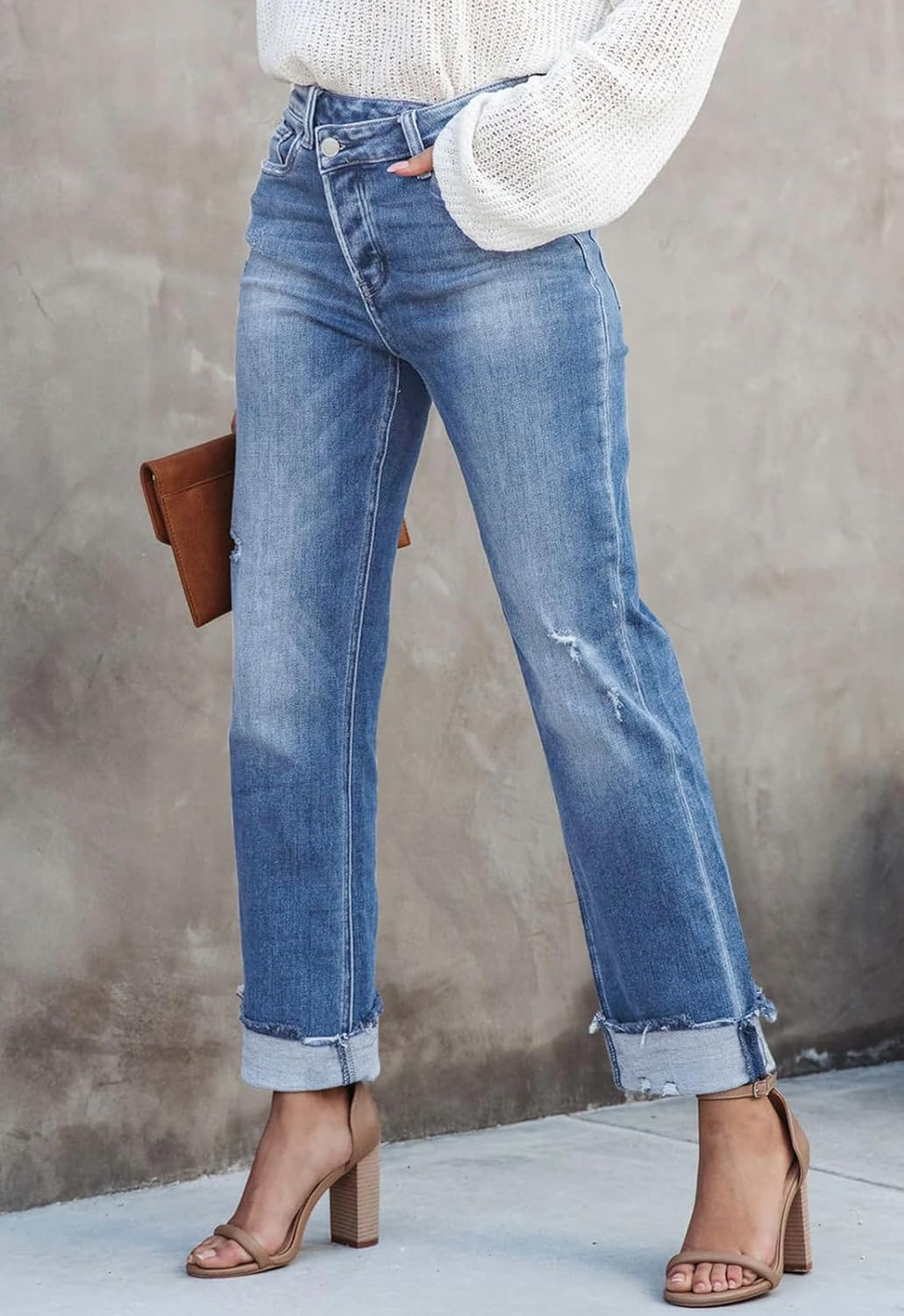 Metietila Jeans for Women Trendy High Waisted Corssover Boyfriend Jeans Distressed Stretchy Denim... | Amazon (US)