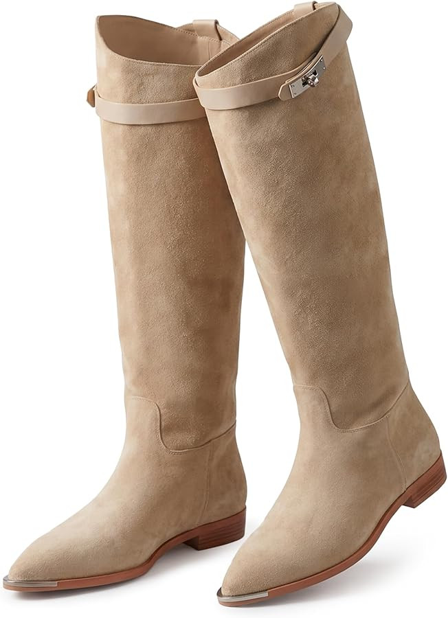 Knee High Boots for Women - Faux Suede Pointed Toe Flat Riding Boots, Low Heel Slip-On Tall Dress... | Amazon (US)