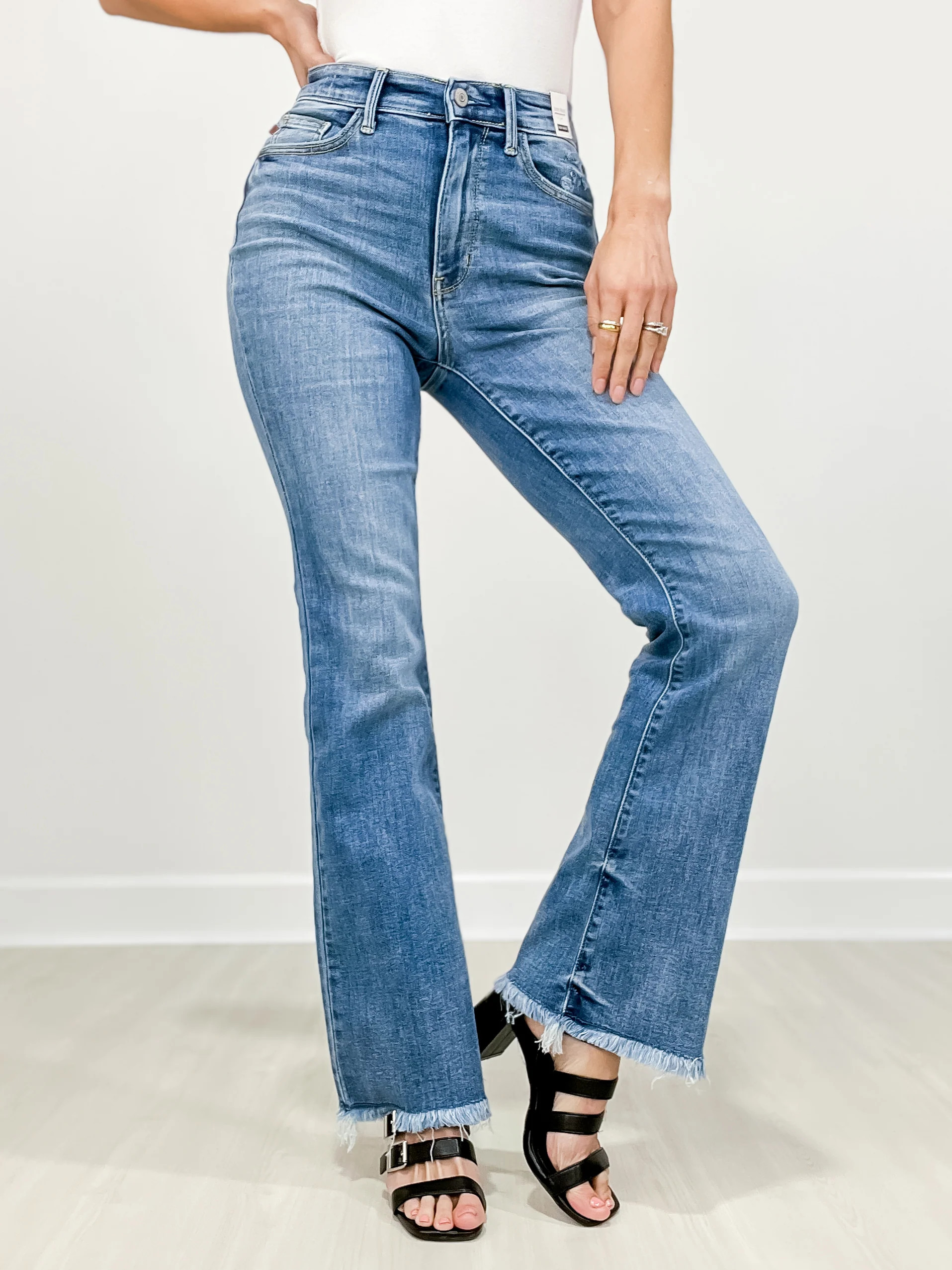 Judy Blue YOU SPIN ME Hi-Rise Bootcut with Frayed Hem Jeans | Emma Lou's Boutique
