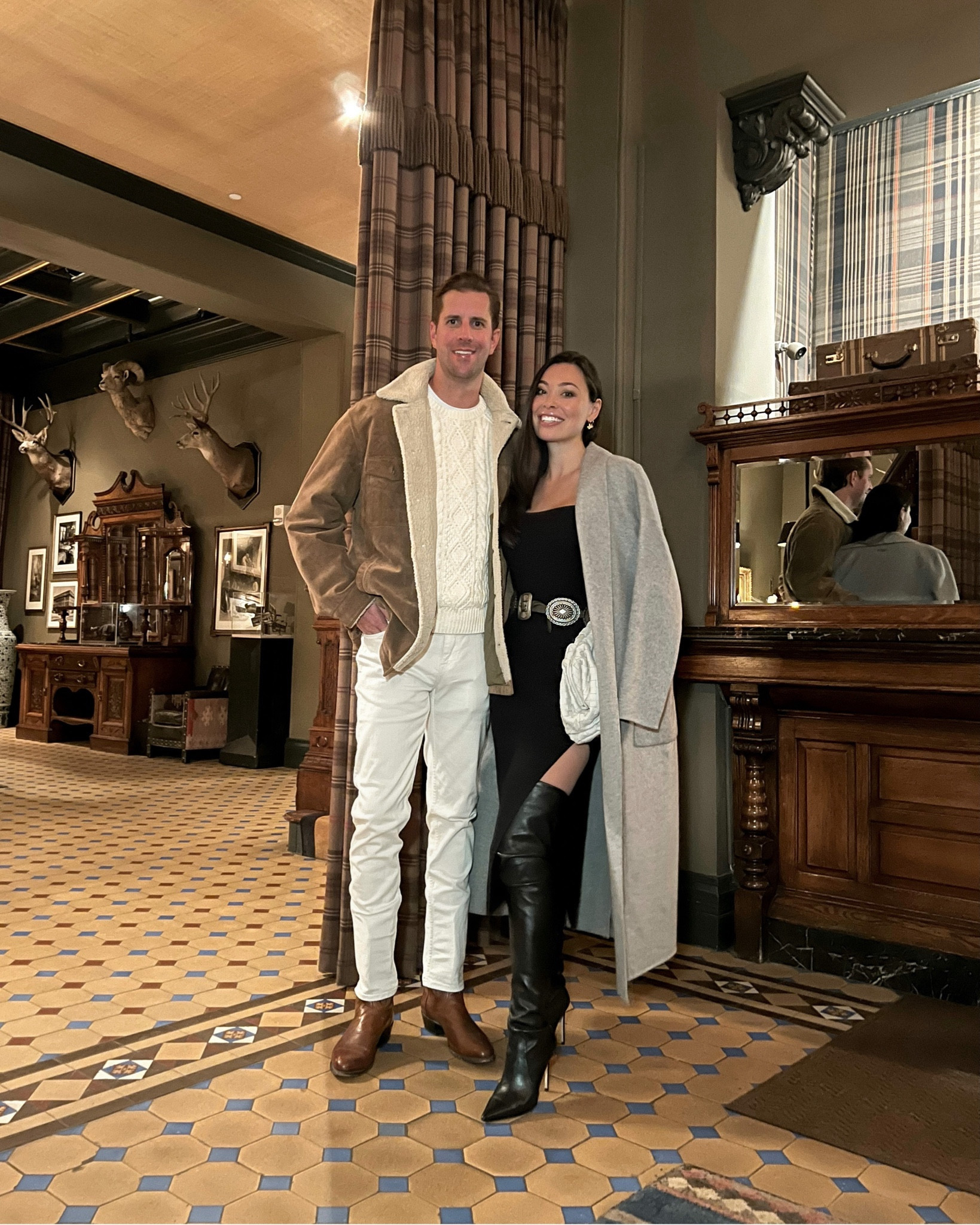 Kat Jamieson wears a The Sei sweater dress (sold out, similar below), over the knee boots and a grey coat in Aspen. Western belt, Ralph Lauren, cowboy, winter outfit, date night. 

#LTKshoecrush #LTKSeasonal #LTKHoliday