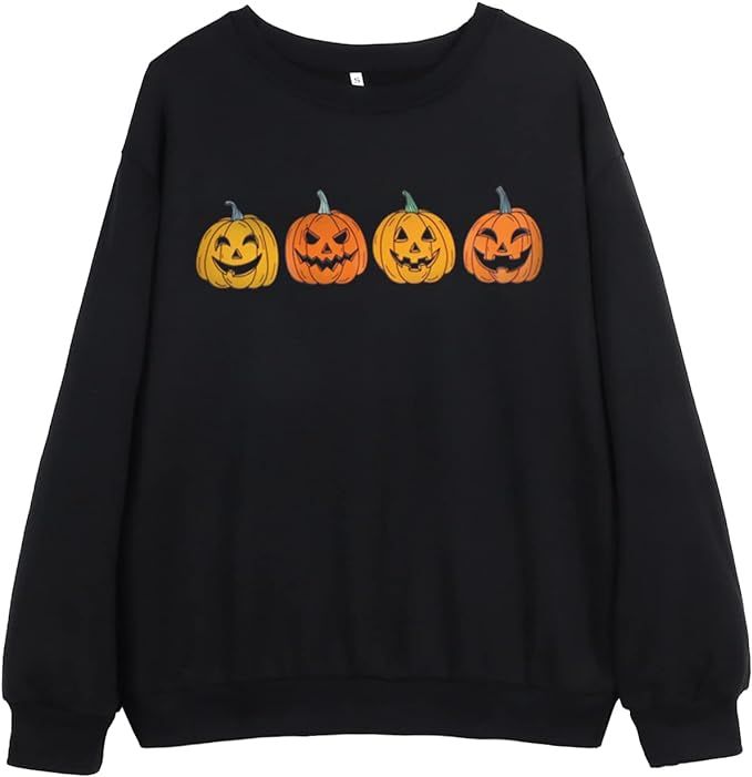 Pumpkin Face Halloween Sweatshirts Women Fall Long Sleeve Crewneck Loose fit Pullover Tops | Amazon (US)