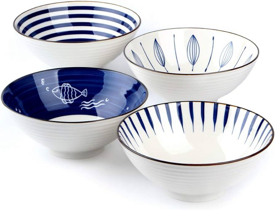 Porcelain Bowls Set of 4, Ceramic Salad Bowl, Large Serving Bowl for Desserts, Ramen, Pho, Noodle... | Amazon (US)