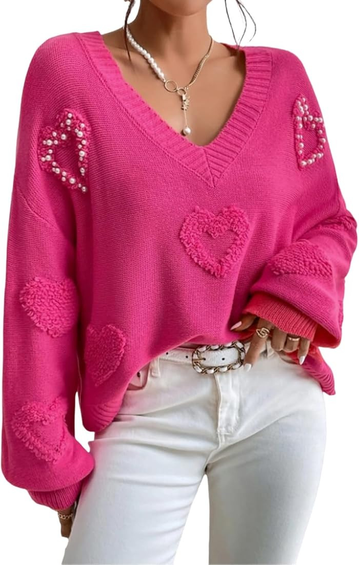 KevaMolly Womens Valentines Sweater Casual Pearl Embellished Fuzzy Hearts V Neck Sweater Drop Sho... | Amazon (US)