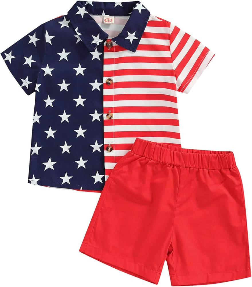 xiqaalombvt Kids Toddler Boys Fourth of July Outfits Star Striped Button Down Shirt+Shorts Patrio... | Amazon (US)