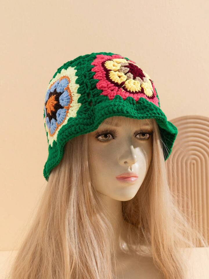 1pc Women Y2K Handmade Crochet Colorful Green Flower Knit Bucket Hat, Suitable For Daily Wear And... | SHEIN