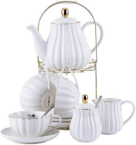 Jusalpha Porcelain Tea Set- 8 OZ White Coffee Cup/Teacup, Saucer, Spoons, Teapot and Creamer set,... | Amazon (US)
