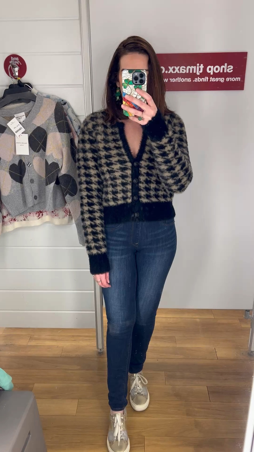 Black fuzzy checkered sweater (xs).  Dark wash mid rise skinny jeans (4). Gold and silver sneakers (8.5). #sweater #fuzzysweater #floralsweater #shortsleevesweater #skinnyjeans #midrisejeans #darkwashjeans #sneakers #goldsneakers 
spring outfits 2026 

#LTKSeasonal