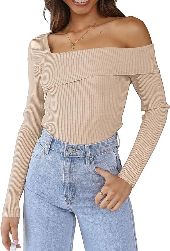 LILLUSORY Womens Off Shoulder Sexy Dressy Casual Tops Long Sleeve Going Out Ribbed Knitted Trendy... | Amazon (US)