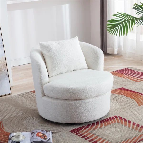 Nahjee Lyquinn 33'' W Lambswool Upholstered Swivel Barrel Chair with Pillow | Wayfair North America