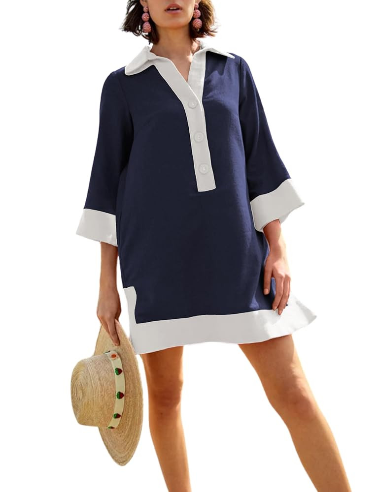 Omoone Swimsuit Coverup for Women Color Block Summer Beach Dresses V Neck Mini Linen Dress Shirts... | Amazon (US)