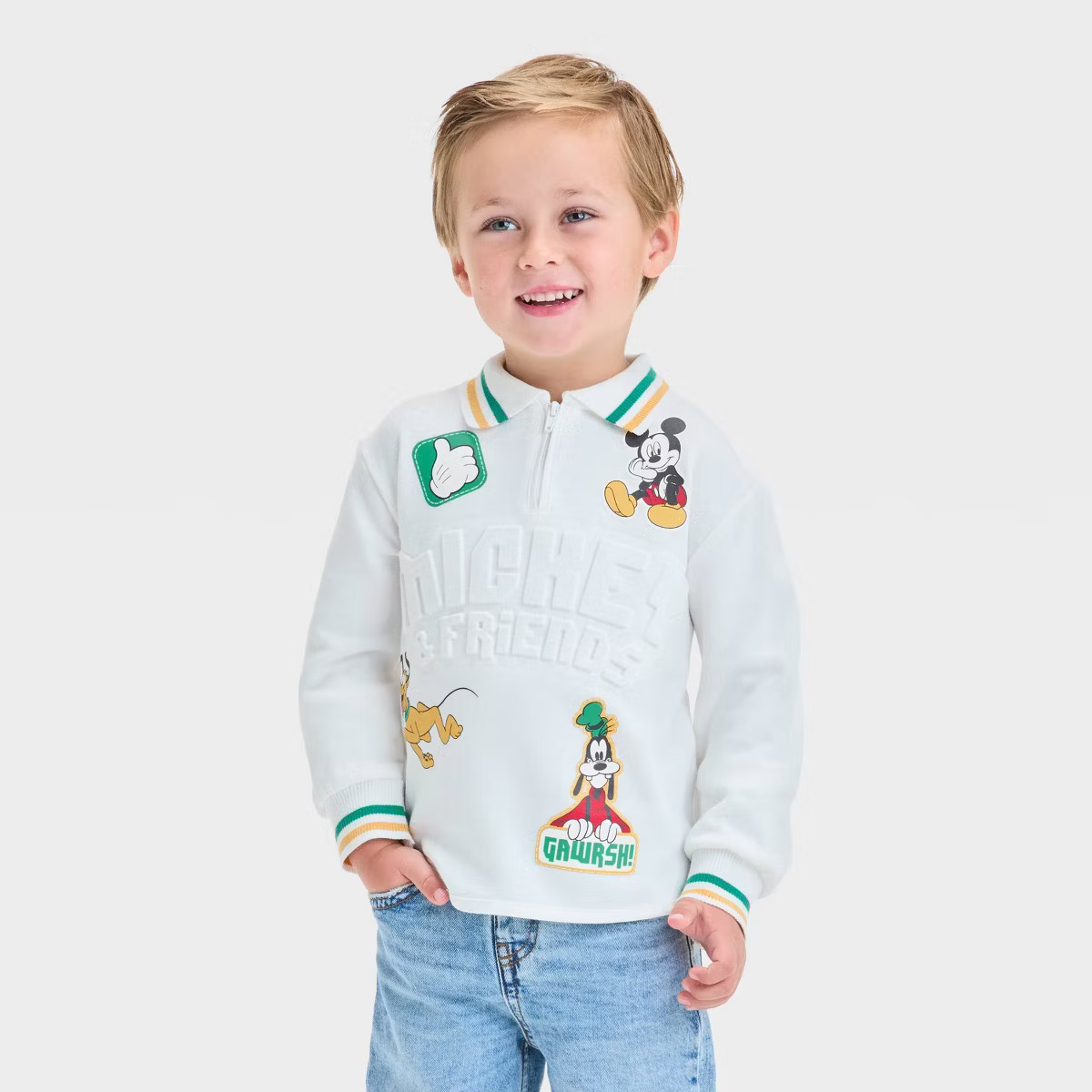 Toddler Boys' Disney Mickey Mouse Collar Quarter Zip Fleece Pullover Top - Off-White | Target