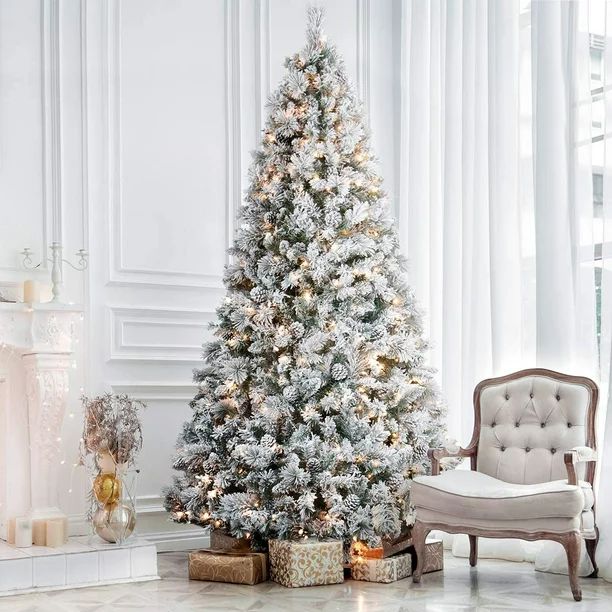 7.5ft Pre-Lit Snow Flocked Hinged Christmas Tree, Feel Real, Holiday Decor with 400 Warm White Li... | Walmart (US)