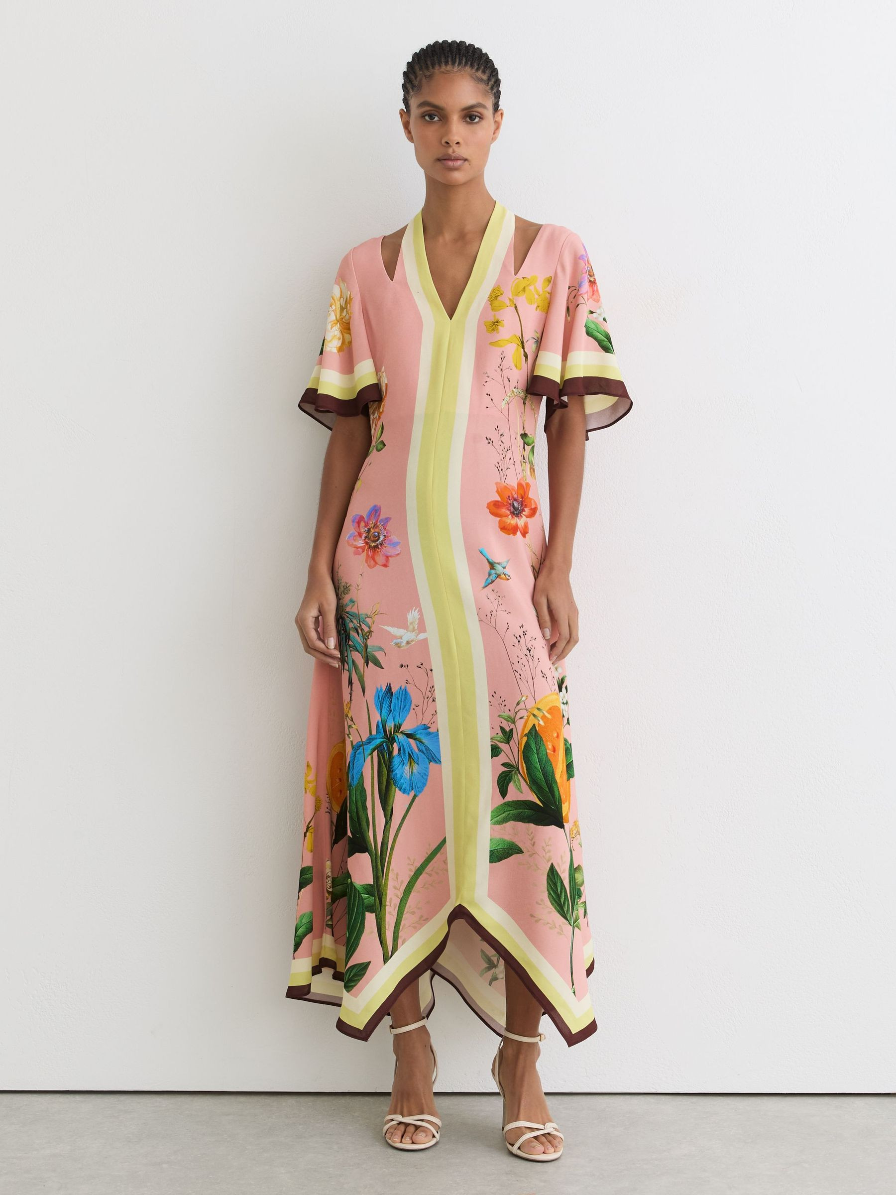 Reiss Floral-Print Cut-Out Midi Dress in Pink | REISS | Reiss US