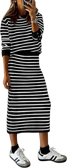 PRETTYGARDEN Women's 2 Piece Striped Sweater Set Casual Fall Long Sleeve Knit Pullover Midi Skirt... | Amazon (US)
