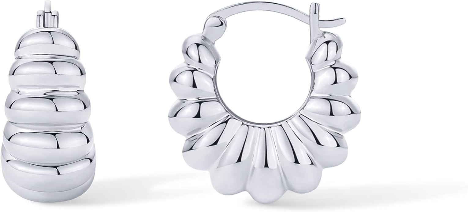 PAVOI 14K Gold Plated Chunky Croissant Ribbed Retro Hoop Earrings for Women | Gold Statement Earr... | Amazon (US)