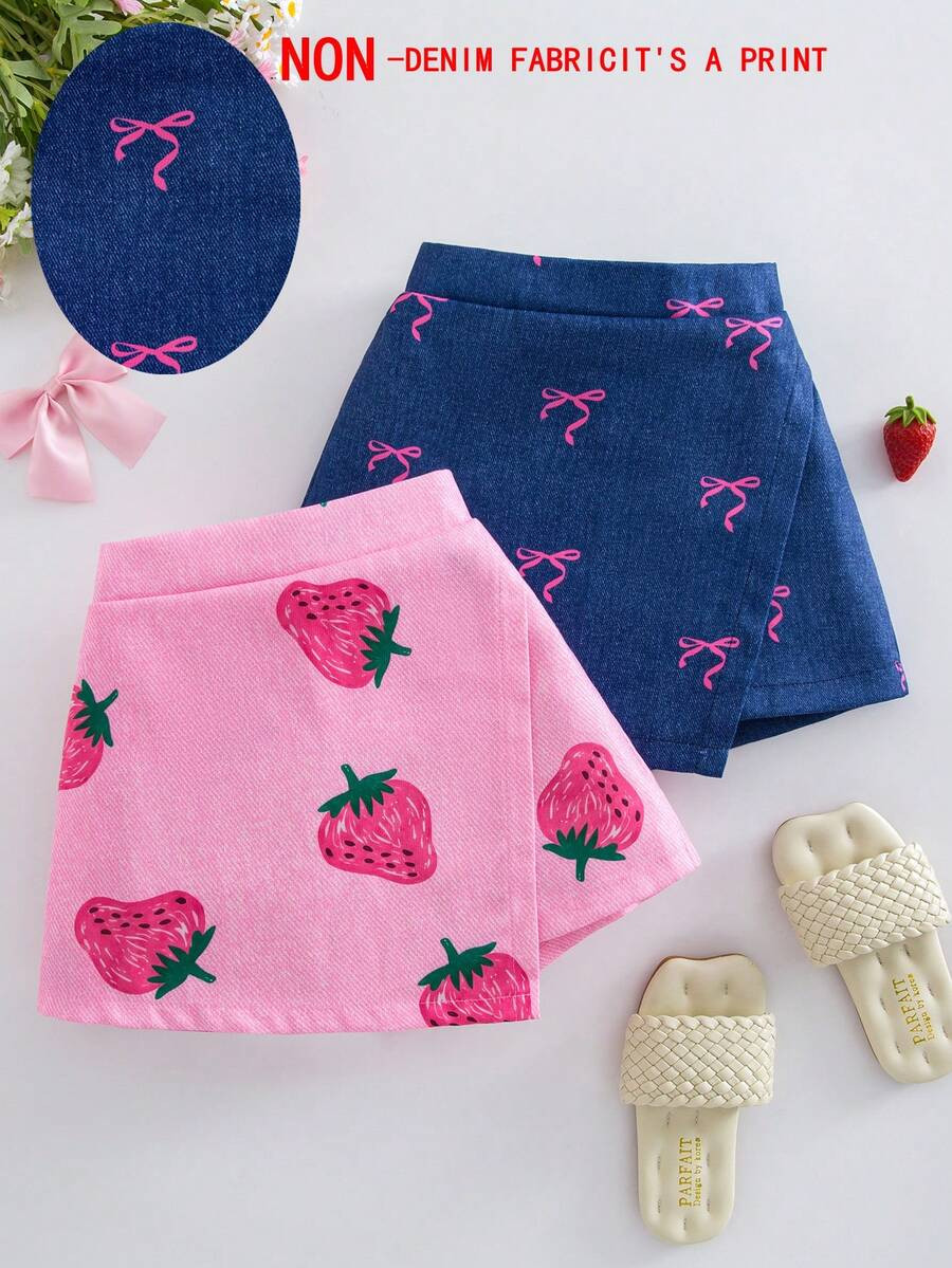 SHEIN Elladie kids 2pcs/Set Girls Toddler Vibrant Vacation Strawberry Bow Print Denim Effect Asym... | SHEIN