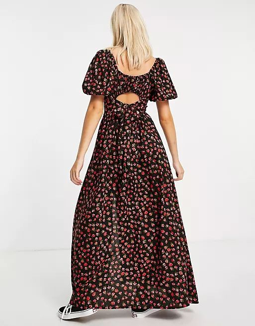 Miss Selfridge puff sleeve midi dress in rose print | ASOS (Global)