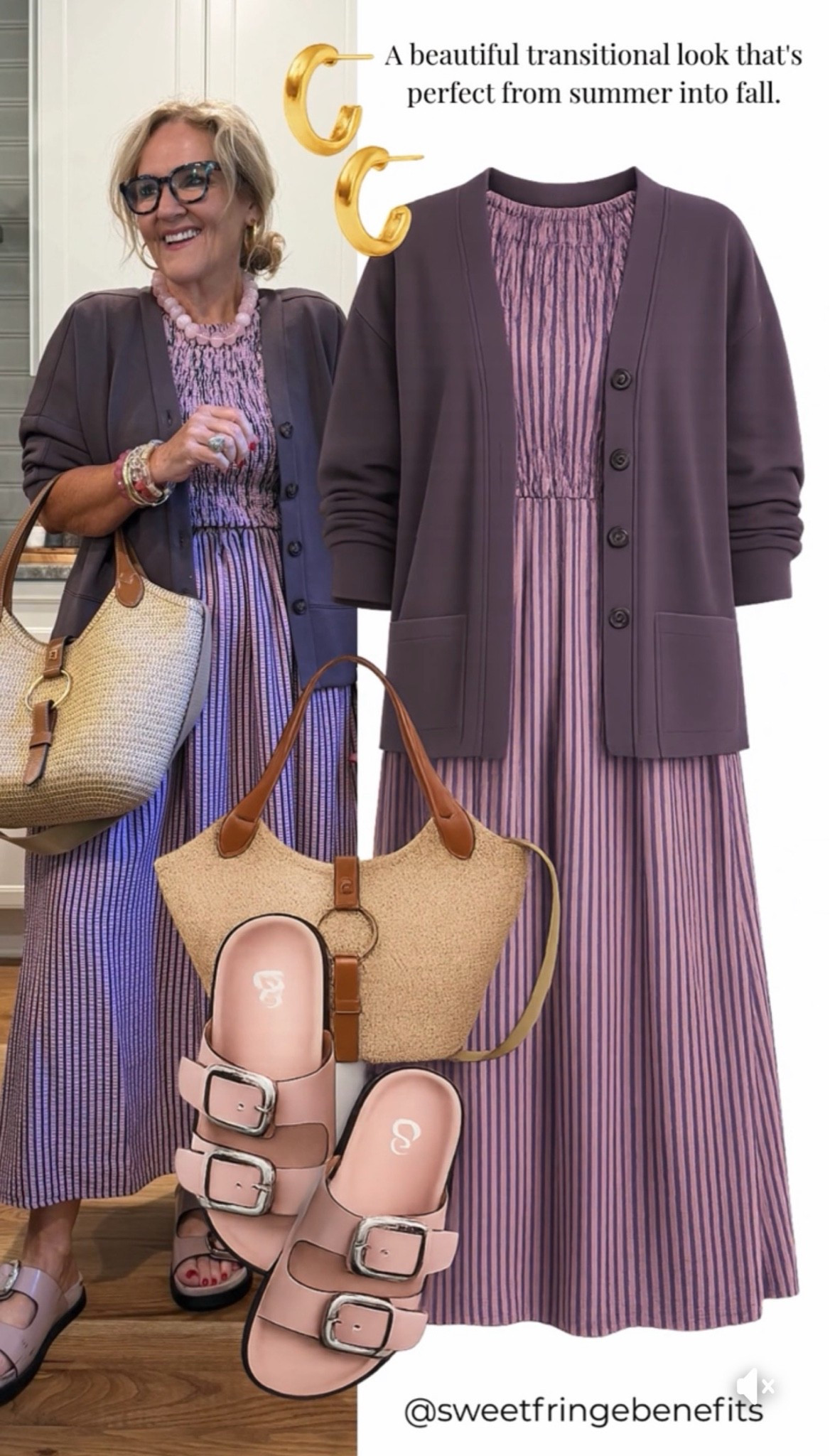 Anthropologie dress size medium. I belted  it to bring the dropped waist up a bit. 
Cardigan on sale! Size medium 
I’ll link similar slides as mine are limited. I thought they ran a bit big. 
20% off on my bracelets code NANETTE20

#LTKSaleAlert #LTKOver40 #LTKootd