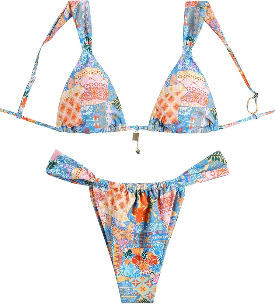 ZAFUL Bikini Sets for Women Triangle Bow Decor Ruffle Straps Lace up Swimsuit 2 Pieces High Cut B... | Amazon (US)