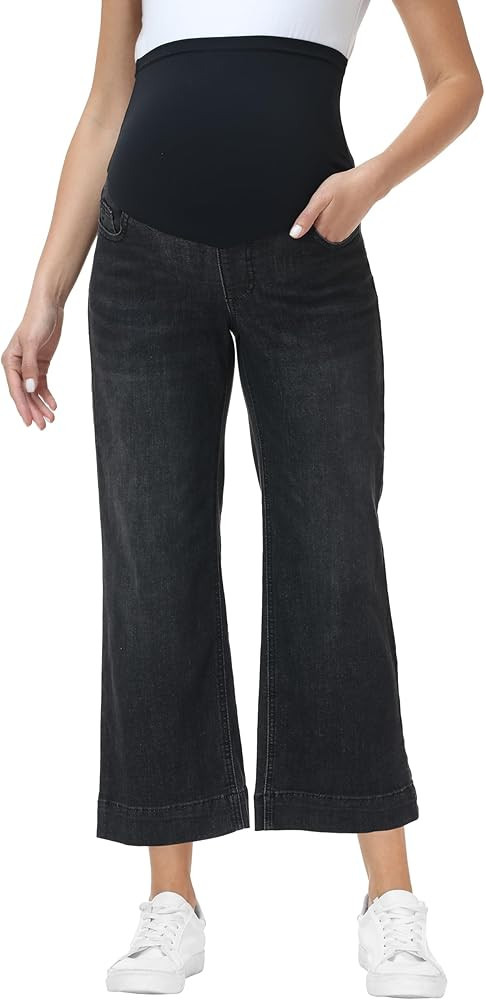 Foucome Women's Maternity Jeans Wide Leg Trendy Cropped Denim Pants Stretchy Baggy Pregnancy Capr... | Amazon (US)