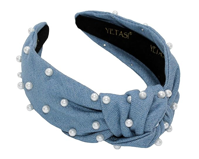 Denim Blue Pearl Knotted Headband for Women. Comfy Soft Fabric Top Knot Headband. Light Blue Jean... | Amazon (US)