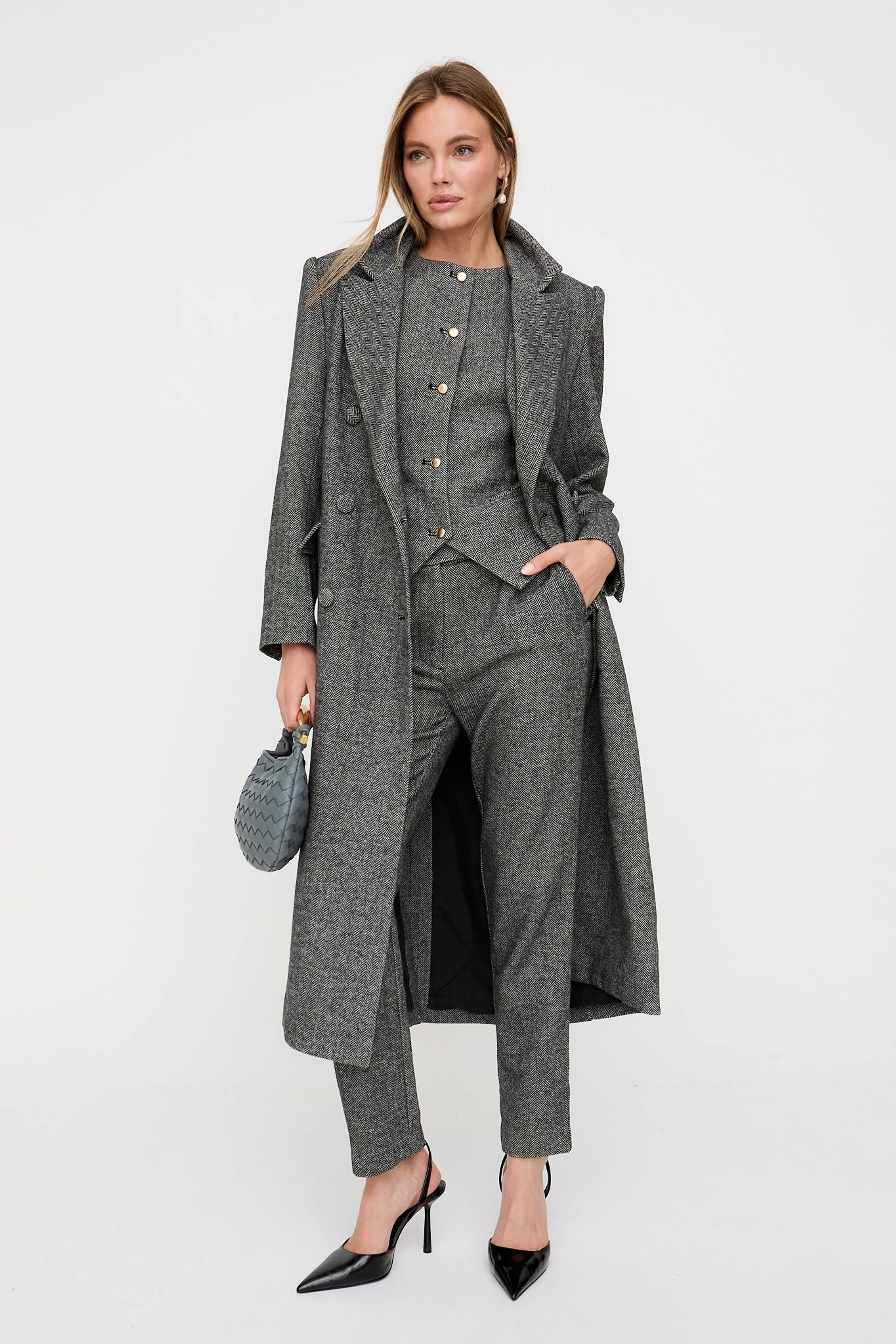 Jakki Tailored Herringbone Coat In Grey | Karen Millen UK + IE + DE + NL