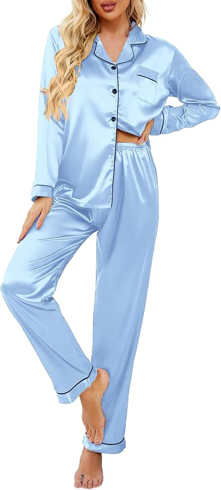 Ekouaer Women's Classic Button Down Long Satin Silk Pajama Set | Amazon (US)