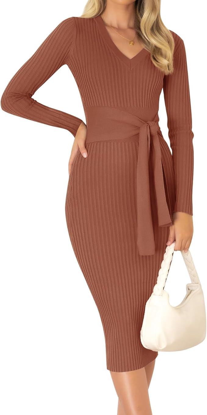 ZESICA Women's 2025 Fall Sweater Dress V Neck Long Sleeve Ribbed Knit Tie Waist Bodycon Slim Fit ... | Amazon (US)