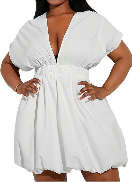 WDIRARA Women's Plus Size Deep V Neck Bubble Dress Short Sleeve A Line Mini Dresses | Amazon (US)