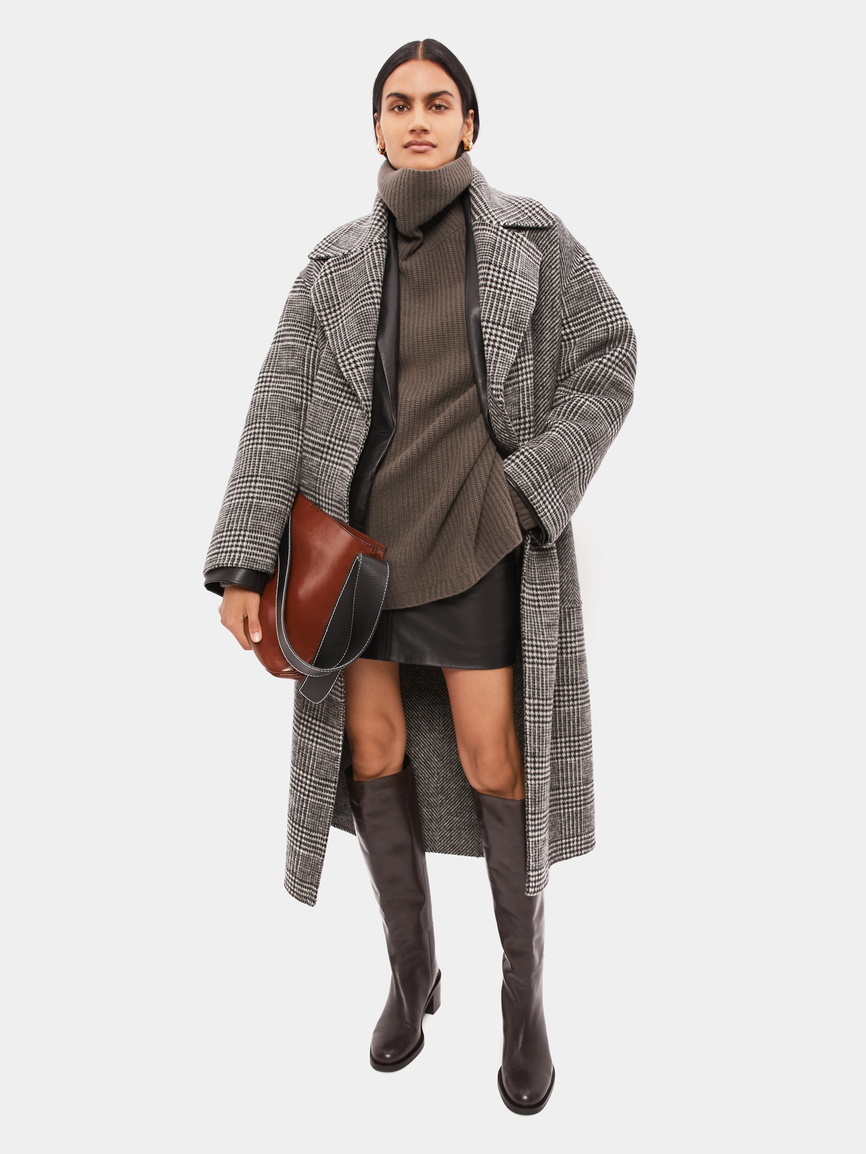 Belted Double Faced Wrap Check Coat | Black | Jigsaw (UK)