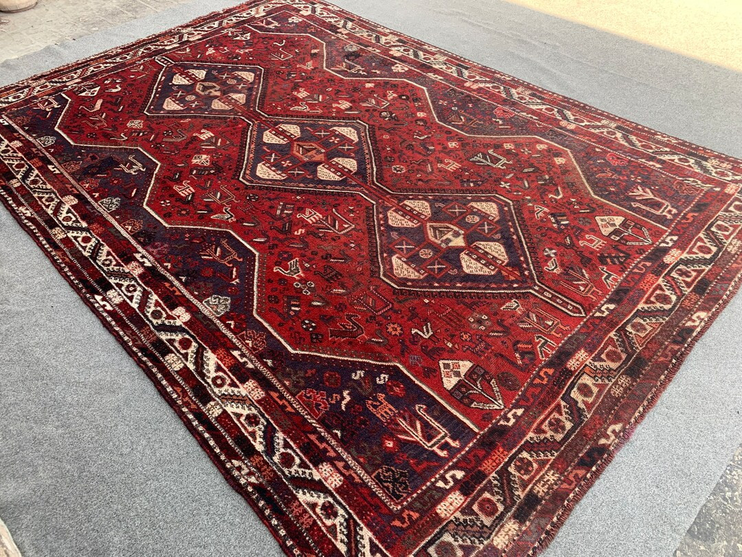7'3x10'4 Ft Collectors Piece Geometric Antique Rug, One of a Kind Low Pile Rug, Handmade Wool Red... | Etsy (CAD)