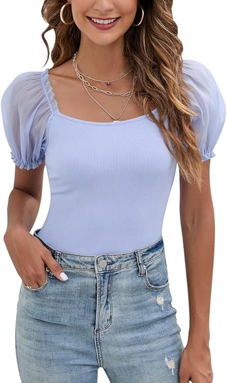 OWIN Women's Square Neck Short Sleeve Sheer Mesh Puff Sleeve Off Shoulder T Shirts Tops Bodysuit ... | Amazon (US)