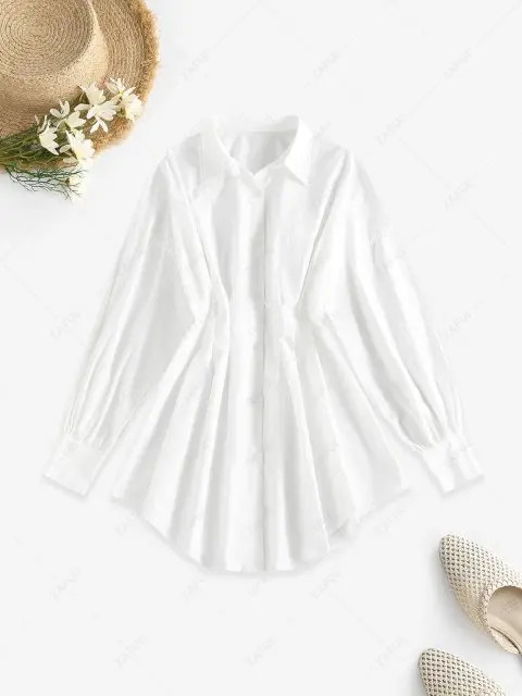 Corset Waist Lantern Sleeve Shirt Dress - White S | ZAFUL (Global)