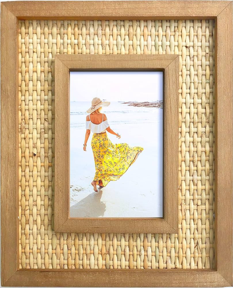 Rattan and Wood Picture Frame - Boho or Coastal or Beach Photo Frame - Tabletop Stand and Wall Mo... | Amazon (US)