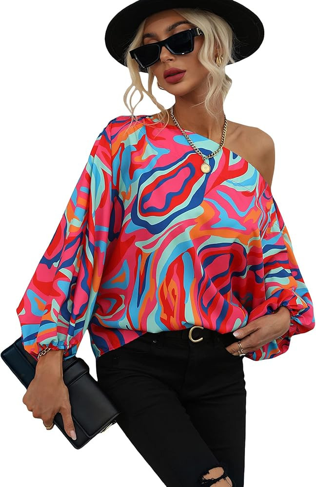 GORGLITTER Women's Allover Print Off Shoulder Work Blouse Top Long Sleeve Asymmetrical Neck Casua... | Amazon (US)