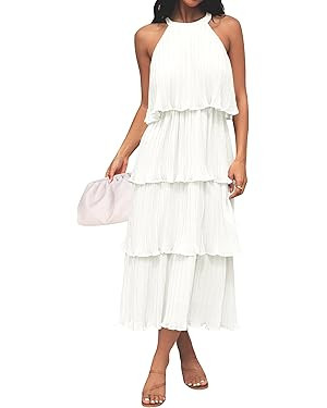 ZESICA Women's 2024 Summer Sleeveless Halter Neck Ruffle Tiered Layered Chiffon Flowy Swing Long ... | Amazon (US)
