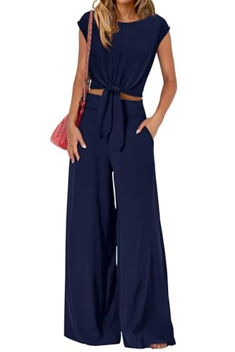 PRETTYGARDEN Women 2 Piece Lounge Sets 2026 Casual Summer Outfits Cap Sleeve Strappy Crop Tops Wide Leg Pant Tracksuit(Navy Blue,Large) | Amazon (US)