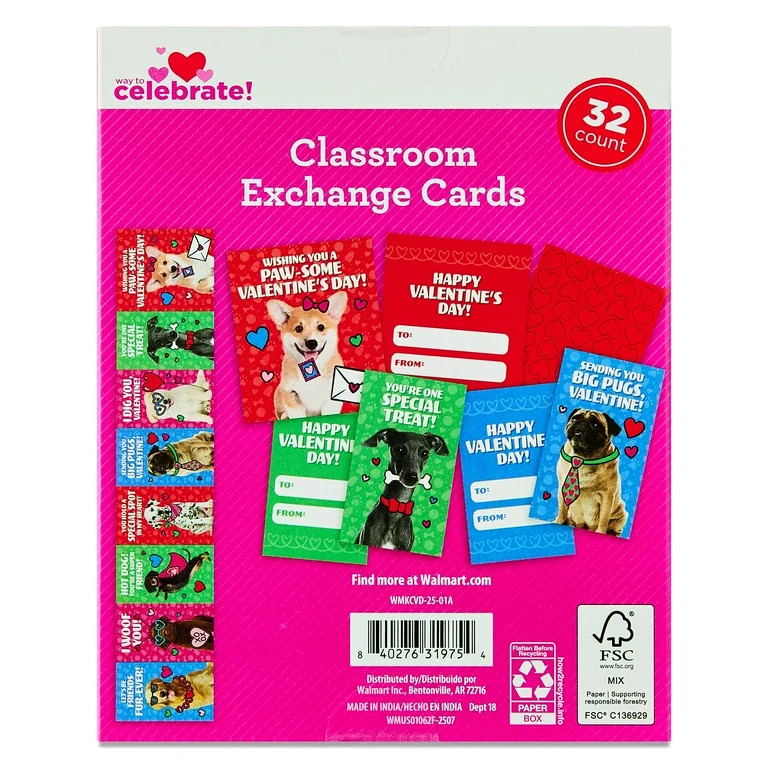 Dog Classroom Exchange Cards, Multicolor, 32 Count, Valentine's Day by Way To Celebrate | Walmart (US)