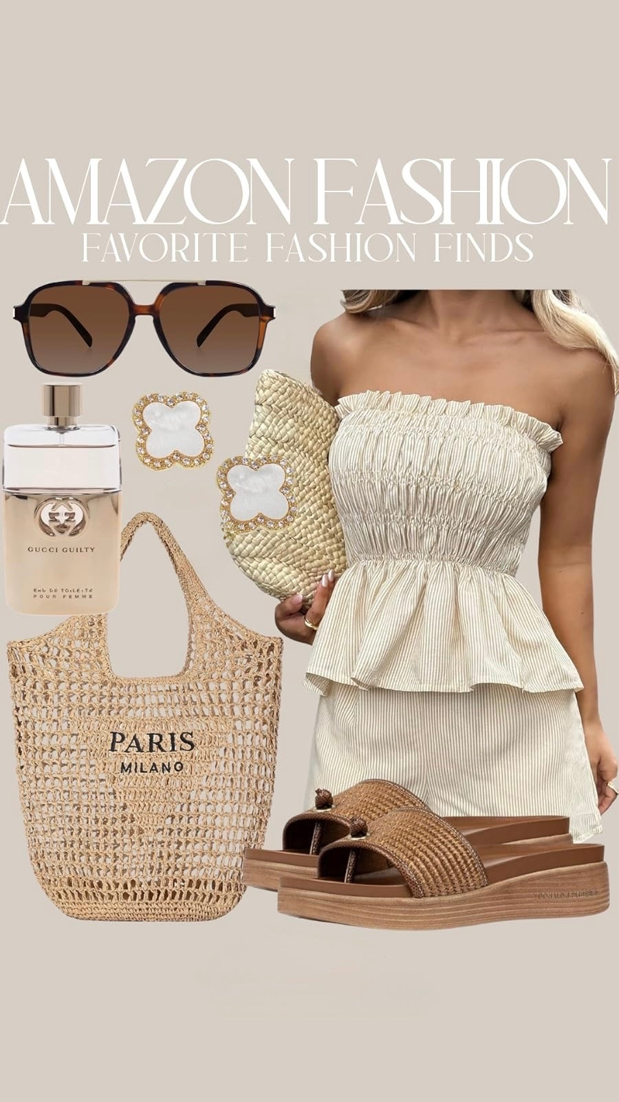 Current favorite neutral finds lately 🤎✨ Easy summer pieces that look elevated without trying too hard — woven textures, soft creams, oversized sunnies, and the perfect everyday accessories. This whole look feels like a European summer on an Amazon budget ☀️

Linked this matching set, woven slides, tote, sunnies, jewelry, and perfume in my LTK 🤍 #LTKStyle #AmazonFashion #NeutralStyle #SummerStyle #AmazonFinds