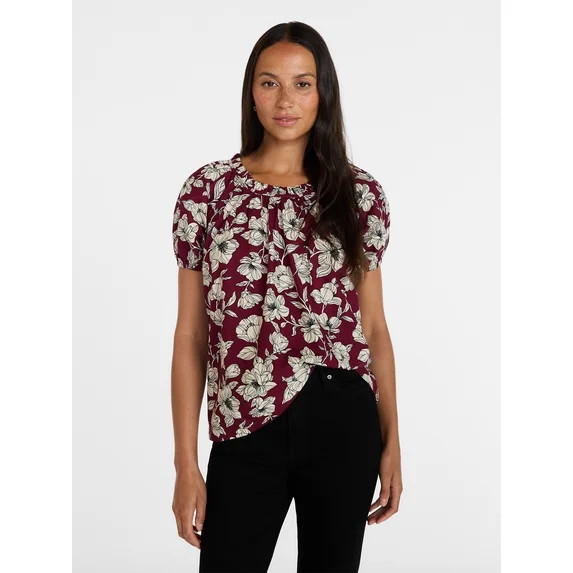 Time and Tru Women's Ruffle Neck Cotton Top with Short Puff Sleeves, Sizes XS-XXXL | Walmart (US)