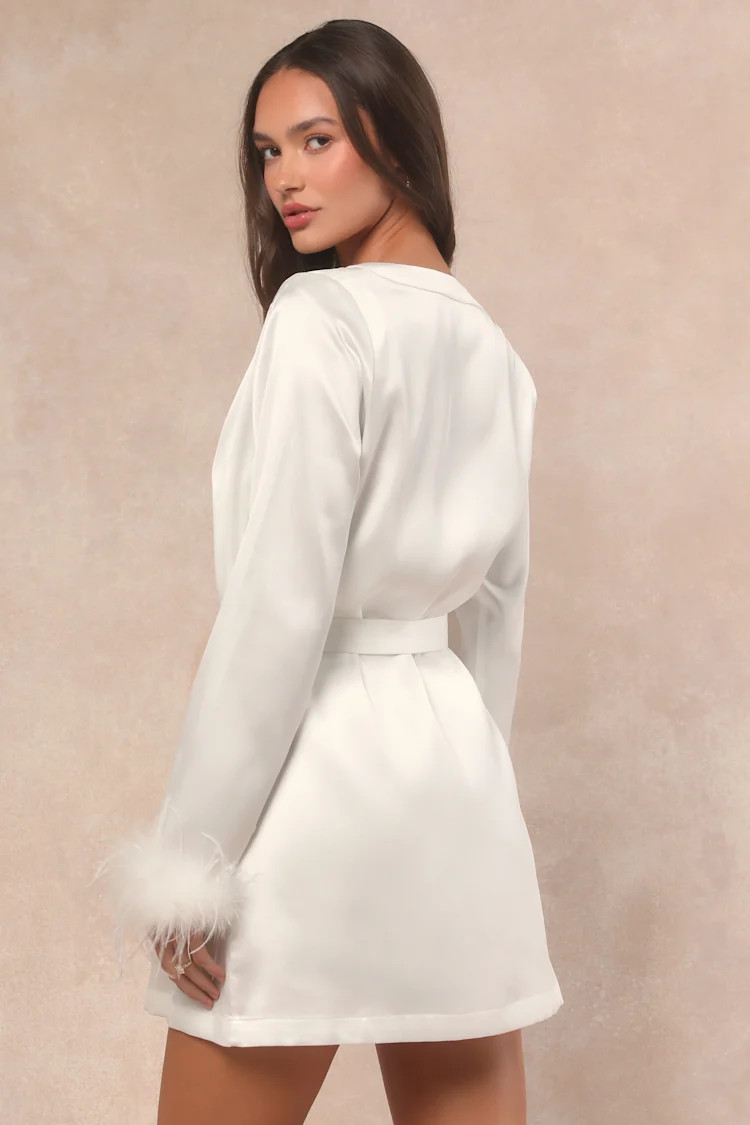 Kamili Ivory Satin Feather Robe | Lulus