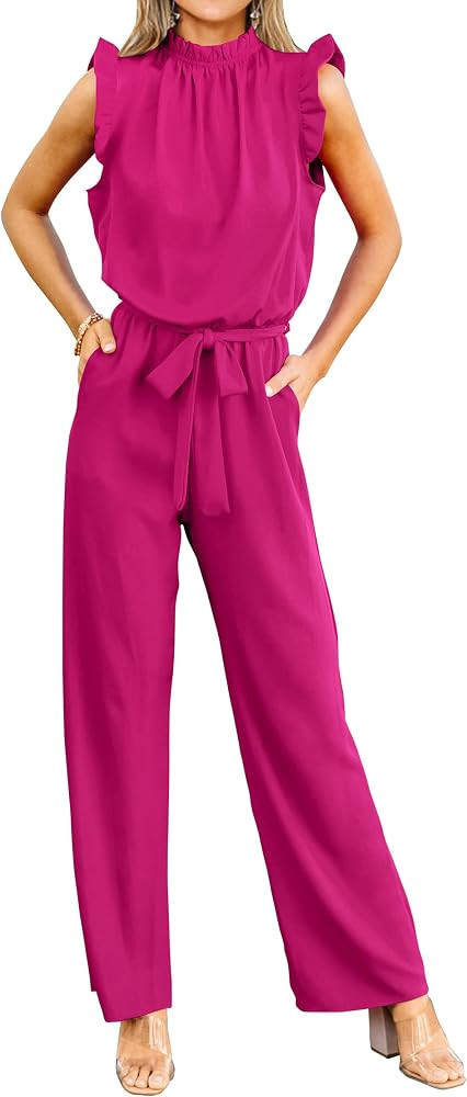 KIRUNDO Jumpsuits For Women Dressy Summer One Piece Sleeveless Ruffle Mock Neck Belt Pockets Form... | Amazon (US)